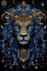 A blue lion with gold accents and a crown on its head. The lion is surrounded by stars and has a blue eye. The image has a dreamy, mystical feel to it