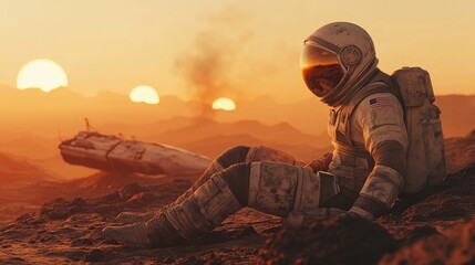 Solitary Astronaut on a Red Planet at Sunset