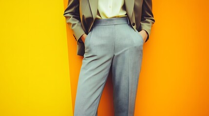 Vibrant Fashion: Grey Trousers and Olive Blazer against a Bold Yellow and Orange Background