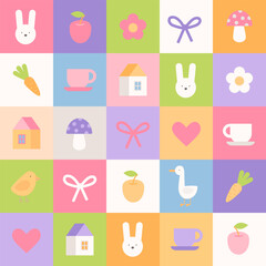 Cute children pattern with rabbit, chicken, goose, little house in patchwork style. Seamless colorful texture with different simple icons. Bright Easter illustrations in flat style.