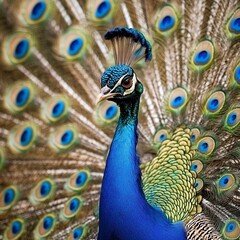 Obraz premium Peacock with spread feathers isolated on a white background displaying vibrant colors