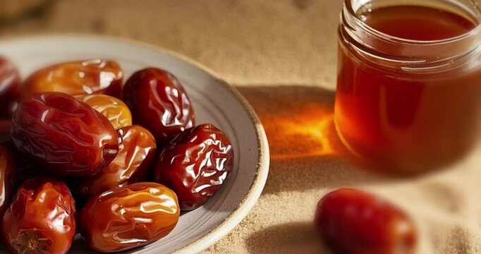 Motion shot of dates fruit, honey, bidara leaves, chickpeas, Arabian fruits, sand dune, desert, Eid Mubarak, Ramadan