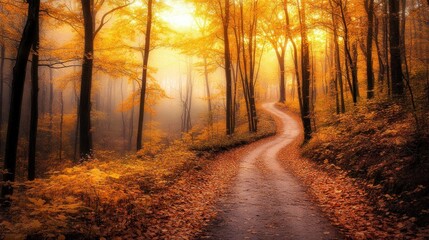 Obraz premium Golden Autumn Path Winding Through Misty Forest