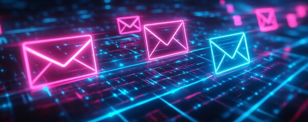 Neon email icons flow digital network; cyber background; online communication