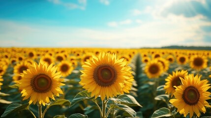 Obraz premium Sunlit Sunflower Field Under a Bright Blue Sky