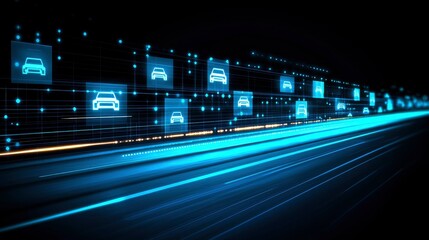 Fototapeta premium Futuristic Highway with Digital Car Icons Representing Autonomous Vehicle Technology and