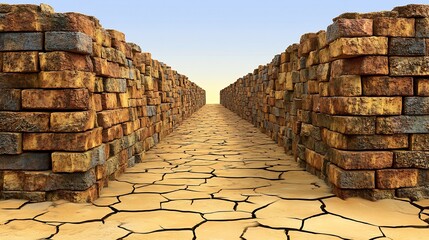 Obraz premium Cracked earth path between high aged brick walls sunlit perspective. AI Generated