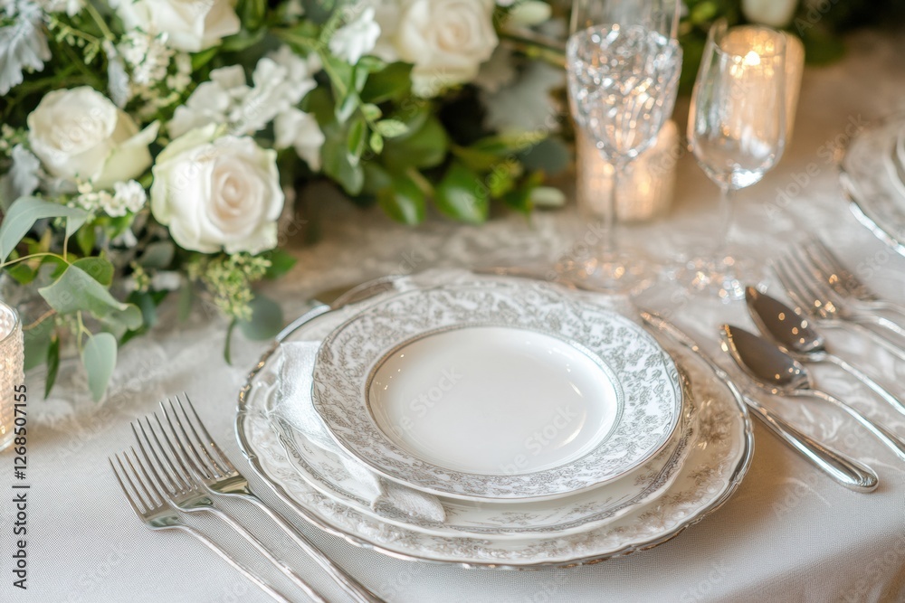 Poster elegant dining table set with floral decorations and fine tableware ready for a special event in a l