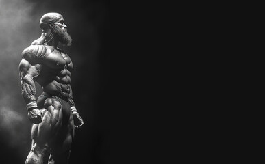 Bodybuilder competes in a strong pose showcasing muscles at a championship event. Header banner mockup with copy space.