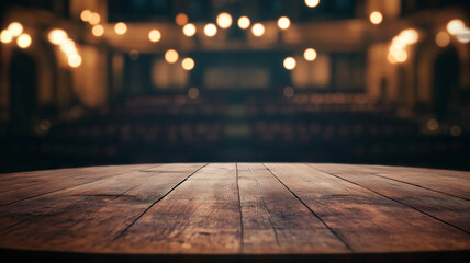 Wooden table top with grand theater blurred in background.
