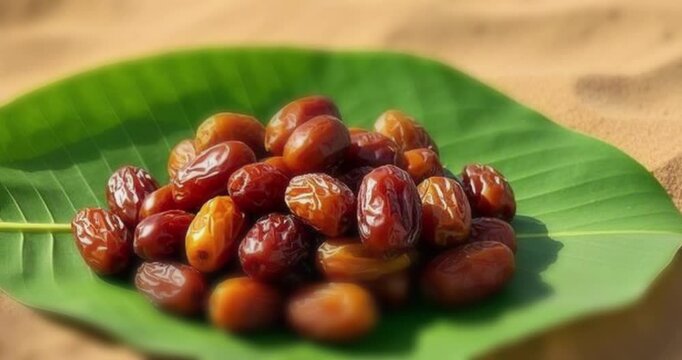 Motion shot of dates fruit, honey, bidara leaves, chickpeas, Arabian fruits, sand dune, desert, Eid Mubarak, Ramadan