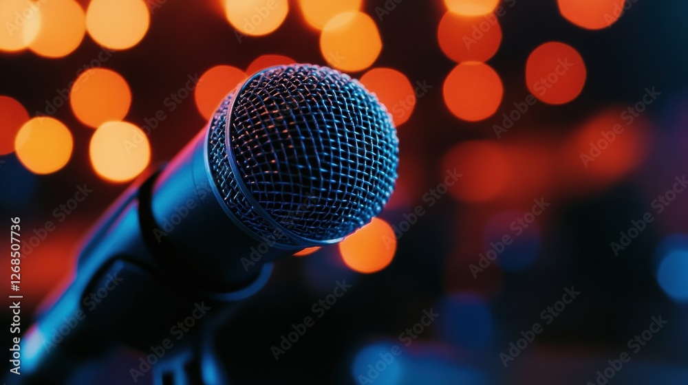 Leinwandbilder close up of a microphone against a vibrant bokeh background during a live music performance in an in