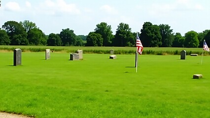 A green field with markers and flags from a historical battle. Natural lighting highlights the historical and serene atmosphere.