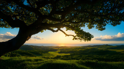 Sunset Landscape with Large Tree and Ocean View