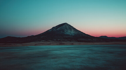 A solitary mountain standing tall under a twilight sky, its rocky surface partially covered with ice