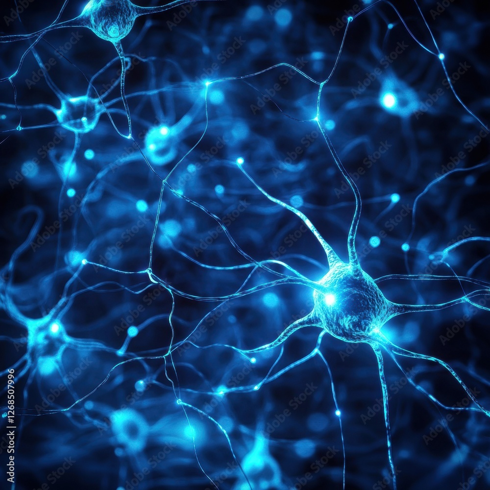 Aufkleber Blue glowing neurons connected in a complex network under a dark background showcasing neural activity in the brain. Generative AI
