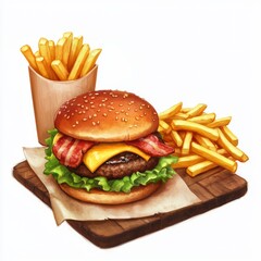 Delicious burger with crispy bacon and cheese served alongside golden French fries, perfect for food lovers and culinary enthusiasts