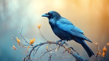 Blue crow perched on branch, misty forest background, nature artwork