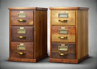 Antique Wooden Filing Cabinets with Brass Handles - Isolated on Transparent Background
