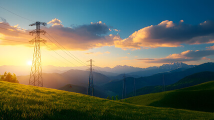 Sunset Landscape with Power Lines Over Green Hills