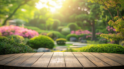 Wooden table top with blurred Japanese garden.