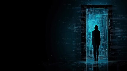 Silhouette of a Woman Facing a Digital Doorway to the Metaverse