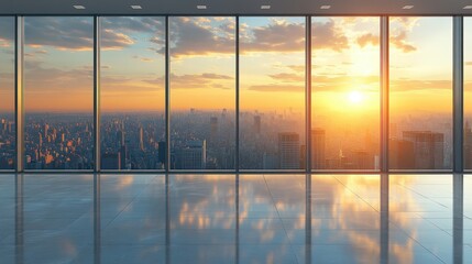 Fototapeta premium Modern Office Space with Scenic City View during Beautiful Sunset