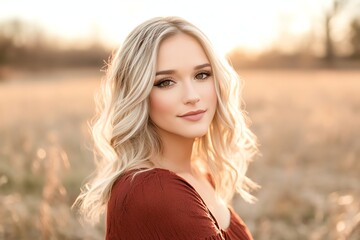 Naklejka premium Blonde woman in a field during golden hour dreamy soft lighting warm and natural outdoor beauty photography