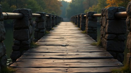 Obraz premium An old bridge over a historical river with trees. Soft lighting highlights the historical and picturesque nature of the bridge.