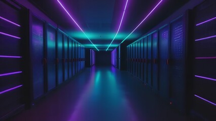 Fototapeta premium some blue and purple walls with windows and lights on them that are lit by neon lights