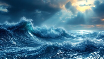 Dramatic Ocean Waves Crashing Under Cloudy Sky with Sun Rays