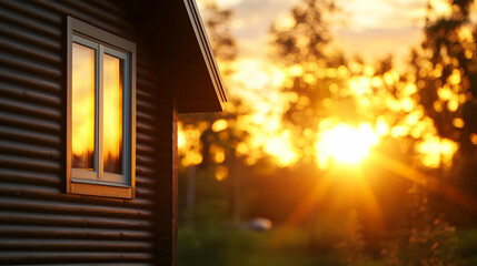 Sunset Over a Dark Brown Cabin in the Woods