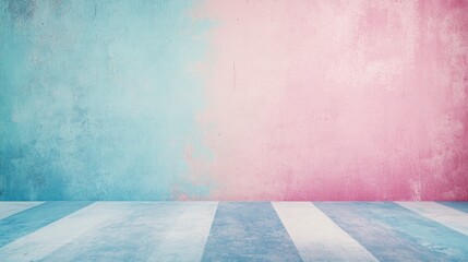 Colorful pastel background with a grunge-textured wall and floor, in a retro vintage style with pastel colors, and an empty space in the middle.