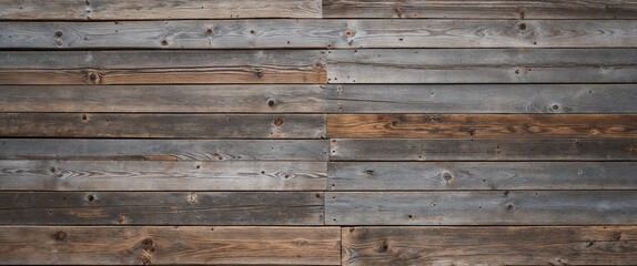 Naklejka premium The planks are weathered, showcasing a variety of gray and brown tones, with visible grain patterns and knots. The texture is rough, indicating age and exposure to the elements. 