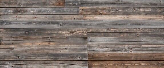 The planks are weathered, showcasing a variety of gray and brown tones, with visible grain patterns and knots. The texture is rough, indicating age and exposure to the elements. 