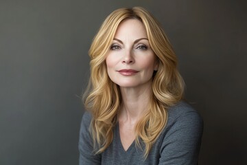 Fototapeta premium Elegant mature woman with soft waves in her blonde hair confident expression neutral background sophisticated and graceful beauty