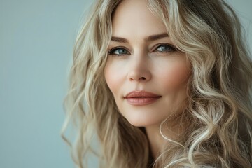 Fototapeta premium Elegant mature woman with soft waves in her blonde hair confident expression neutral background sophisticated and graceful beauty