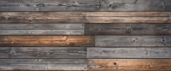 Obraz premium The planks are weathered, showcasing a variety of gray and brown tones, with visible grain patterns and knots. The texture is rough, indicating age and exposure to the elements. 
