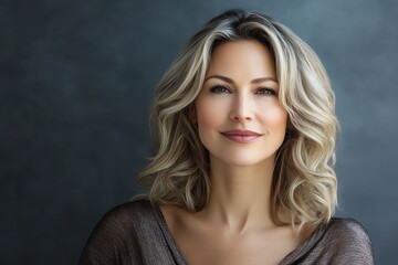 Fototapeta premium Elegant mature woman with soft waves in her blonde hair confident expression neutral background sophisticated and graceful beauty