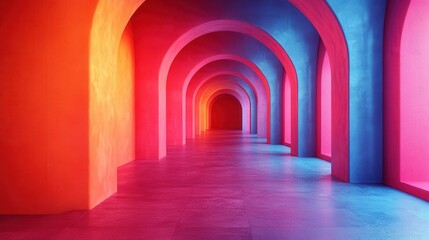 Colorful Arched Corridor with Vibrant Lighting Effects and Shadows