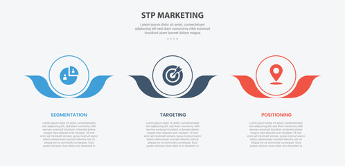 STP marketing infographic outline style with 3 point template with big circle and flower leaf accessories at bottom for slide presentation