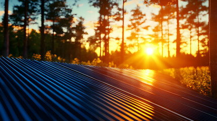 Sunset over a Forest with a Dark Blue Metallic Surface