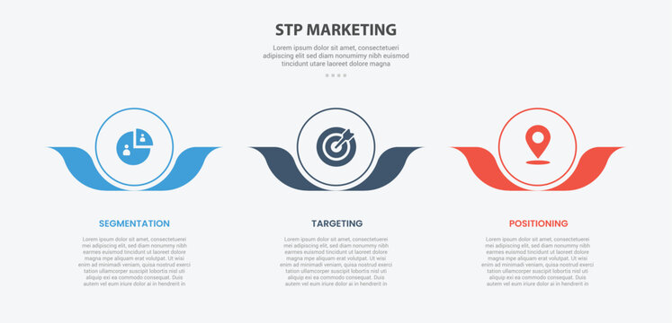 STP marketing infographic outline style with 3 point template with big circle and flower leaf accessories at bottom for slide presentation