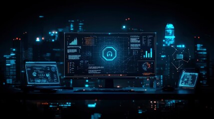 Futuristic Tech Interface Cybersecurity Monitoring in a Modern Cityscape