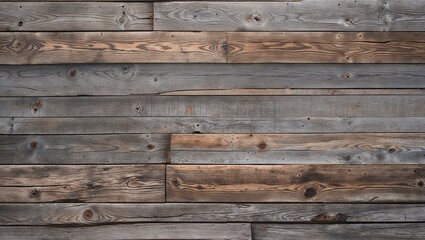 Fototapeta premium The planks are weathered, showcasing a variety of gray and brown tones, with visible grain patterns and knots. The texture is rough, indicating age and exposure to the elements. 