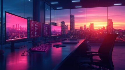 Obraz premium Modern Office Workspace with Dual Monitors and City Sunset View