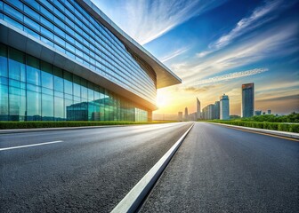 Empty Modern Highway Leading to Futuristic Building - Stock Photo