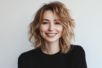 Obraz premium Modern stylish woman with wavy blonde hair smiling white background confident and happy expression contemporary fashion portrait