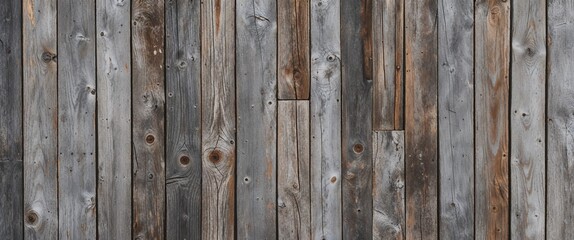 Fototapeta premium The planks are weathered, showcasing a variety of gray and brown tones, with visible grain patterns and knots. The texture is rough, indicating age and exposure to the elements. 