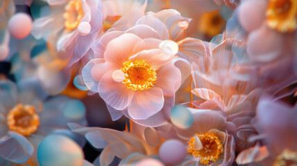 Fototapeta premium Delicate translucent flowers with golden centers glow in dreamy, ethereal scene. soft pastel hues and intricate details create surreal, enchanting atmosphere